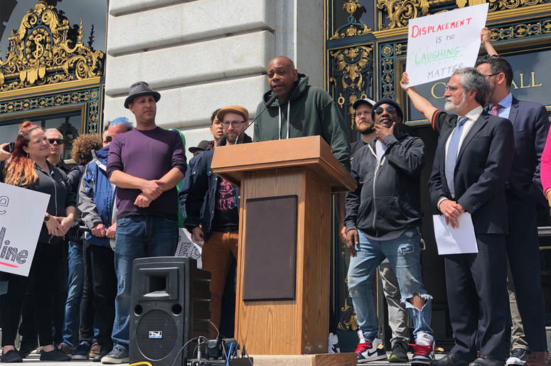 Comedians Dave Chappelle and others rally to save Punch Line Comedy Club in front of San Francisco's City Hall. Comedians Dave Chappelle and others rally to save Punch Line Comedy Club in front of San Francisco's City Hall. (Photo credit: Carrie Hodousek/KCBS Radio)