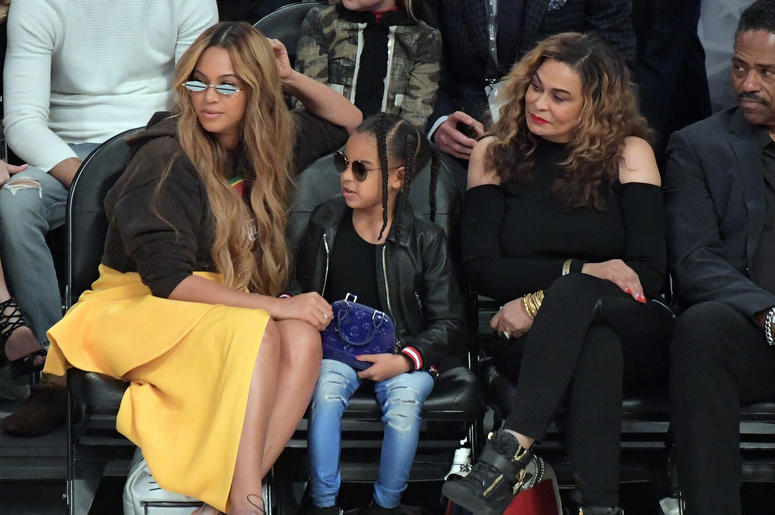 Beyonce, Blue Ivy and Tina Lawson Feb 18, 2018; Los Angeles, CA, USA; Recording artist Beyonce and daughter Blue Ivy and mother Tina Knowles attend the 2018 NBA All Star game between Team Stephen and Team LeBron at Staples Center. Mandatory Credit: Kirby Lee-USA TODAY Sports