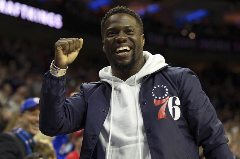 Kevin Hart Apr 24, 2018; Philadelphia, PA, USA; Actor Kevin Hart reacts after a Philadelphia 76ers score against the Miami Heat during the fourth quarter in game five of the first round of the 2018 NBA Playoffs at Wells Fargo Center. Mandatory Credit: Bill Streicher