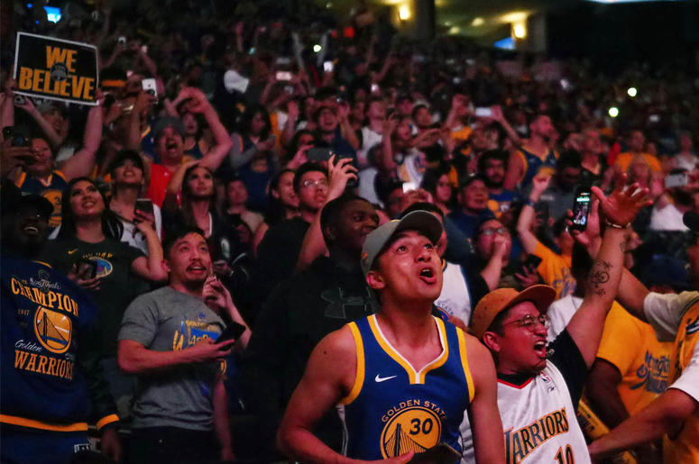 Oracle Arena Warriors Watch Party Jun 8, 2018; Oakland, CA, USA; Golden State Warriors fans celebrate after the win at the watch party for game four of the 2018 NBA Finals at Oracle Arena. Mandatory Credit: Kelley L Cox-USA TODAY Sports