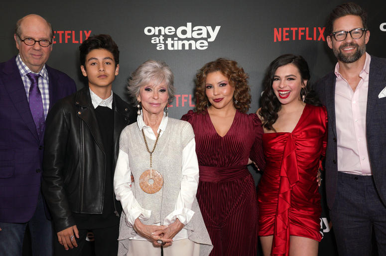(L-R) Stephen Tobolowsky, Marcel Ruiz, Rita Moreno, Justina Machado, Isabella Gomez and Todd Grinnell of 'One Day at a Time' LOS ANGELES, CALIFORNIA - FEBRUARY 07: (L-R) Stephen Tobolowsky, Marcel Ruiz, Rita Moreno, Justina Machado, Isabella Gomez and Todd Grinnell attend the premiere of Netflix's 'One Day At A Time' Season 3 at Regal Cinemas L.A. LIVE Stadium 14 on February 07