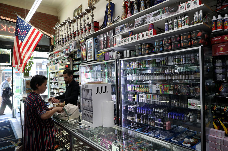e-Cigarette Dealer SAN FRANCISCO, CALIFORNIA - JUNE 25: E-Cigarette vaporizer components and products are displayed at Smoke and Gift Shop on June 25, 2019 in San Francisco, California. The San Francisco Board of Supervisors voted unanimously, 11-0, to be the first city in