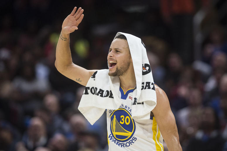 Stephen Curry Dec 5, 2018; Cleveland, OH, USA; Golden State Warriors guard Stephen Curry (30) looks to celebrate with forward Kevin Durant (not pictured) during the second half against the Cleveland Cavaliers at Quicken Loans Arena. Mandatory Credit: Ken Blaze-USA TODA