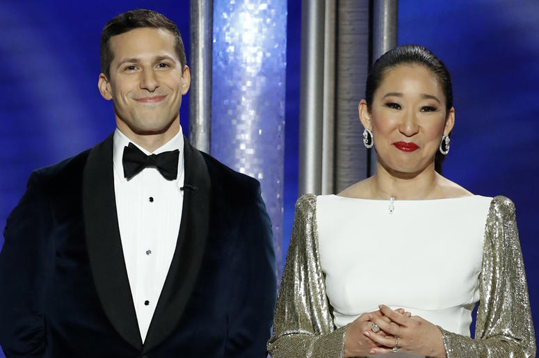 Hosts Andy Samberg and Sandra Oh at the 76th Golden Globe Awards Jan 6, 2019; Beverly Hills, CA, USA; Andy Samberg and Sandra Oh during the 76th Golden Globe Awards at the Beverly Hilton. Mandatory Credit: Paul Drinkwater/NBC via USA TODAY NETWORK