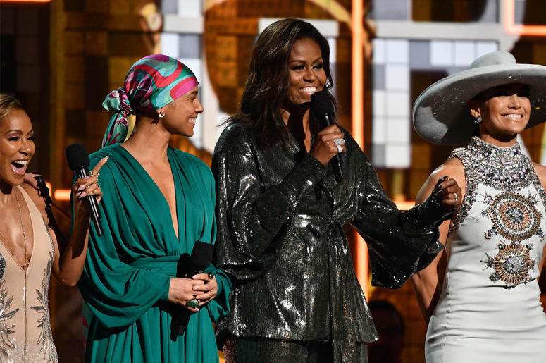 Jada Pinkett-Smith, Alicia Keys, Michelle Obama and Jennifer Lopez at the Grammys February 10, 2019; Los Angeles, CA, USA; (From Left) Jada Pinkett-Smith, Alicia Keys and Michelle Obama and Jennifer Lopez appear during the 61st Annual GRAMMY Awards on Feb. 10, 2019 at STAPLES Center in Los Angeles, Calif. Mandatory Credit: Robert Hanas
