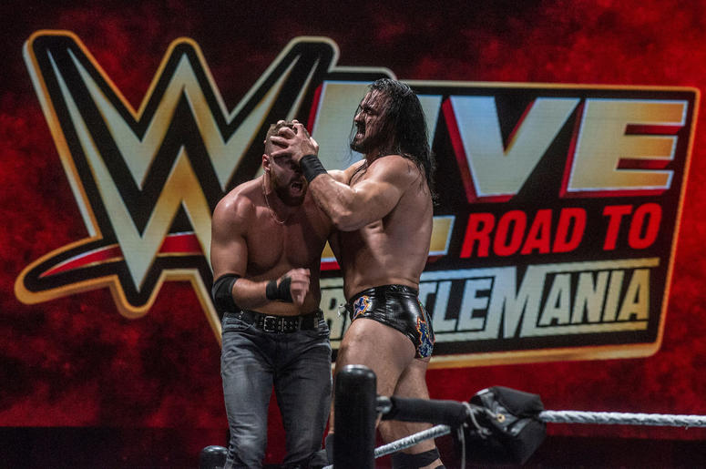 WWE Live Road to Wrestlemania Dean Ambrose and Drew McIntyre fight it out on the top rope. WWE Live Road to Wrestlemania came to Garrett Coliseum in Montgomery on Sunday, Feb. 24, 2019. Ww54