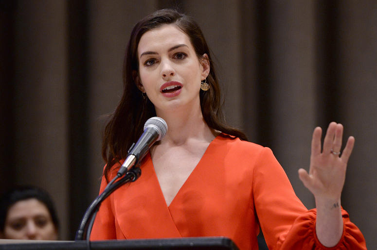 Anne Hathaway Actress and UN Women Global Goodwill Ambassador Anne Hathaway speaks at the commemoration event for International Women's Day at the United Nations Headquarters in New York on March 8, 2017. (Photo by Anthony Behar)