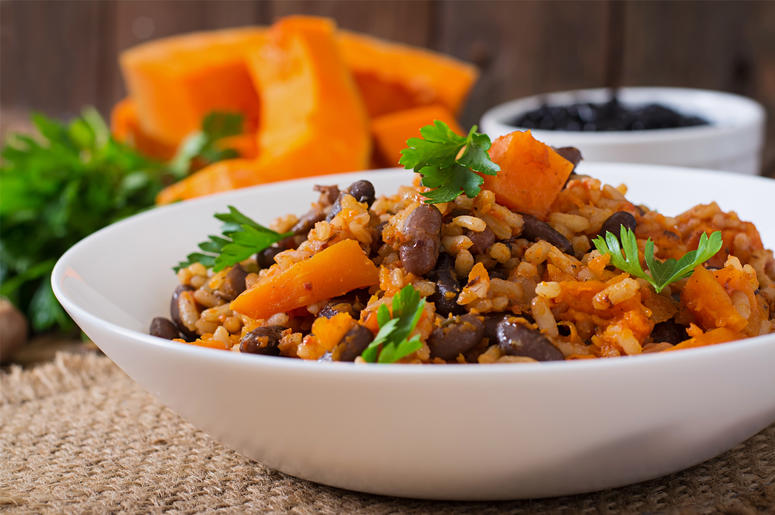 Vegan, Vegetable Pilaf With Haricot Beans And Pumpkin. Dinner, Homemade Vegan, Vegetable Pilaf With Haricot Beans And Pumpkin. Dinner, Homemade (Photo credit: Olena Danileiko)