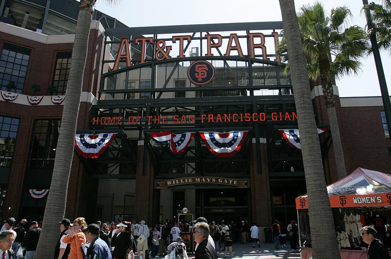 AT&T Park (now called Oracle Park) SAN FRANCISCO - APRIL 03: Fans walk by the entrance to AT&T Park for Opening Day between the San Francisco Giants and the San Diego Padres April 3, 2007 in San Francisco, California. (Photo by Justin Sullivan/Getty Images)