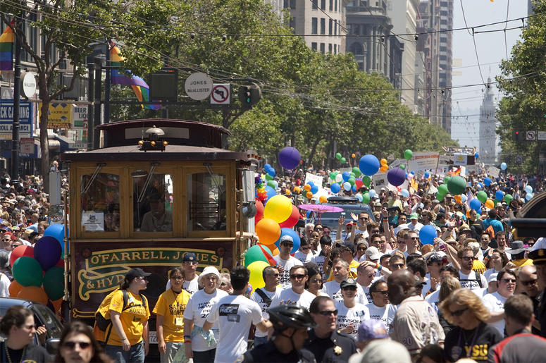 San Francisco Pride Celebration & Parade SAN FRANCISCO, CA - JUNE 28: Thousands of people fill Market Street during the 39th annual gay pride parade June 28, 2009 in San Francisco, California. The parade drew hundreds of thousands of people to downtown San Francisco to celebrate gay, lesbian, bi