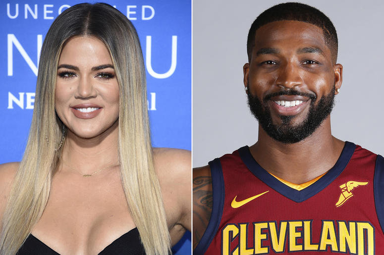 AP18102598926234 This combination photo shows television personality Khloe Kardashian at the NBCUniversal Network 2017 Upfront at Radio City Music Hall in New York on May 15, 2017, left, and Cleveland Cavaliers' Tristan Thompson at the NBA basketball team media day in Ind