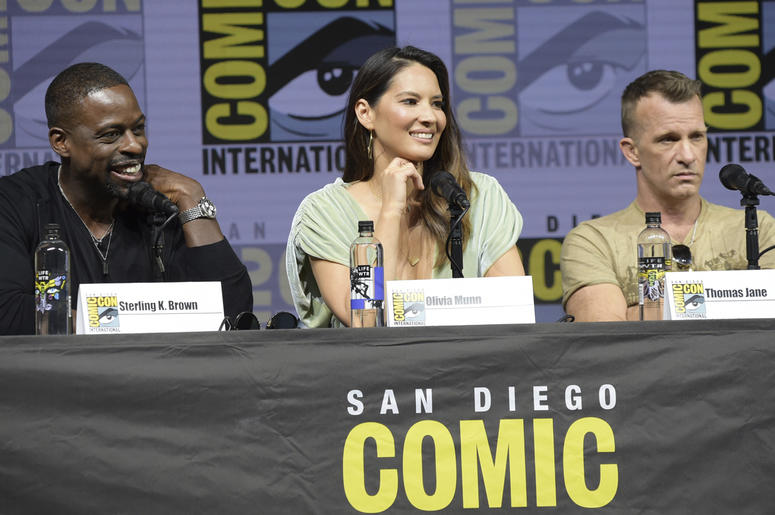 AP18200678842707 Sterling K. Brown, from left, Olivia Munn and Thomas Jane attend the 20th Century Fox "Predator" panel on day one of Comic-Con International on Thursday, July 19, 2018, in San Diego.(Photo by Richard Shotwell/Invision/AP)