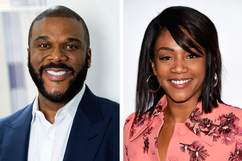 AP18212637095066 This combination photo shows actor-filmmaker Tyler Perry in New York on Nov. 16, 2017, left, and comedian-actress Tiffany Haddish at the Turner Networks 2018 Upfront in New York on May 16, 2018. Perry, who cast Haddish in his upcoming comedy "Nobody's Foo