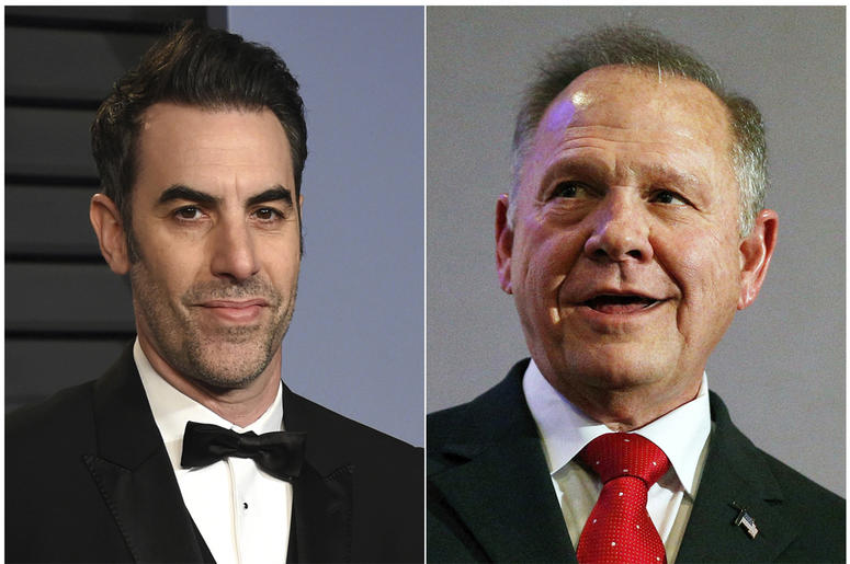 AP18248722824680 This combination photo shows Sacha Baron Cohen, left, at the Vanity Fair Oscar Party in Beverly Hills, Calif. on March 4, 2018, and former Alabama Chief Justice and U.S. Senate candidate Roy Moore at a news conference in Birmingham, Ala., on Nov. 16, 2017