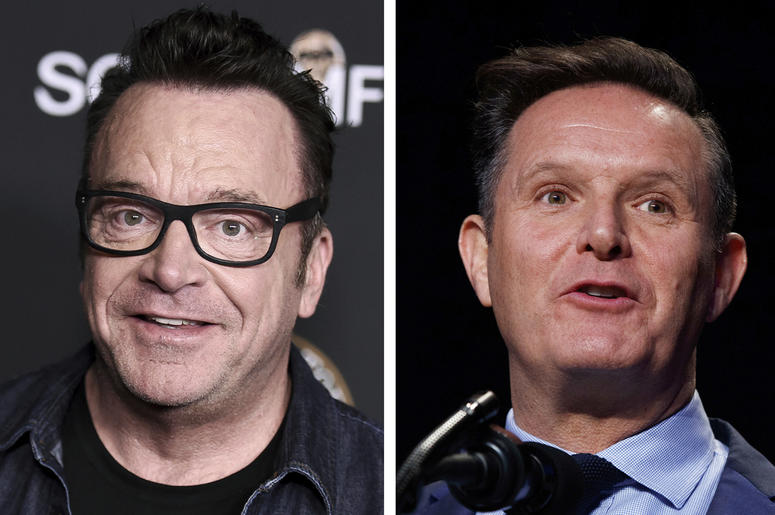 AP18260448094523 In this combination of photos, Tom Arnold, left, attends a premiere on Oct. 10, 2017, in Los Angeles and Mark Burnett speaks during the National Prayer Breakfast on Feb. 2, 2017, in Washington. A scuffle between Arnold and Burnett a producer of "The Appre