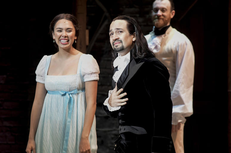 AP19012115690486 Lin-Manuel Miranda, composer and creator of the award-winning Broadway musical, Hamilton, receives a standing ovation with tears at the ending of the play's premiere held at the Santurce Fine Arts Center, in San Juan, Puerto Rico, Friday Jan. 11, 2019. Th