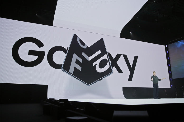 AP19051711633149 Justin Denison, SVP of Mobile Product Development, talks about the new Samsung Galaxy Fold smartphone during an event Wednesday, Feb. 20, 2019, in San Francisco. (AP Photo/Eric Risberg)