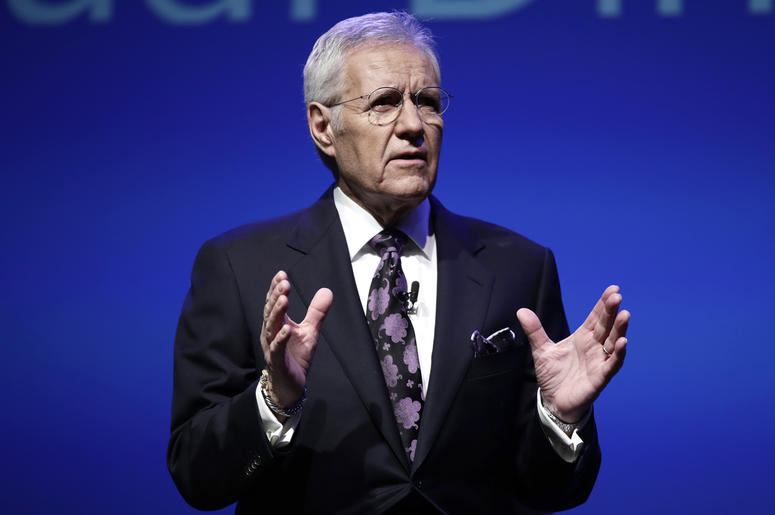 AP19065811337894 In this Oct. 1, 2018, photo, moderator Alex Trebek speaks during a gubernatorial debate between Democratic Gov. Tom Wolf and Republican Scott Wagner in Hershey, Pa. (AP Photo/Matt Rourke)