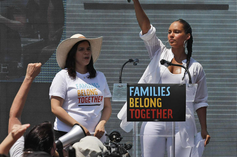 AP19069842029320 In this June 30, 2018 file photo, America Ferrera, left, with Alicia Keys, attends a protest against the Trump administration's approach to illegal border crossings and separation of children from immigrant parents in Lafayette Square across from the Whit