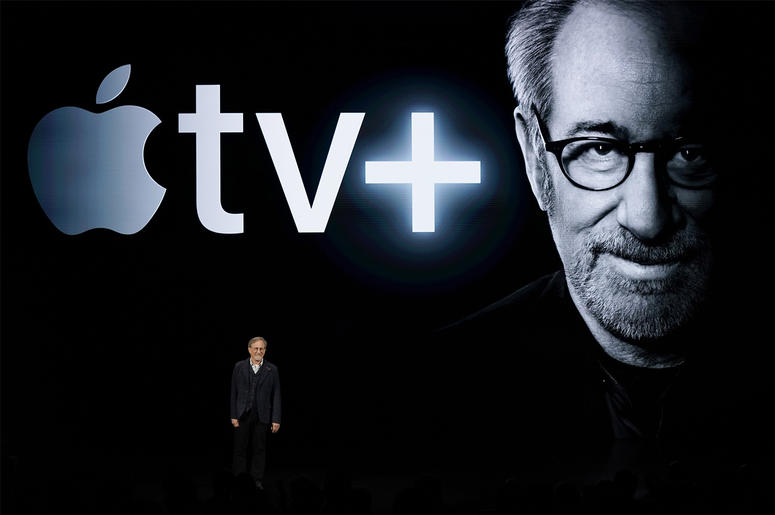 AP19084666324821 Director Steven Spielberg speaks at the Steve Jobs Theater during an event to announce new Apple products Monday, March 25, 2019, in Cupertino, Calif. (AP Photo/Tony Avelar)