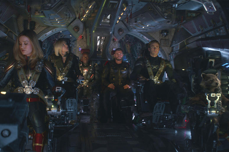 AP19116634364555 This image released by Disney shows, from left, Brie Larson, Scarlett Johansson, Don Cheadle, Chris Hemsworth, Chris Evans and the character Rocket, voiced by Bradley Cooper, in a scene from “Avengers: Endgame.” (Disney/Marvel Studios via AP)
