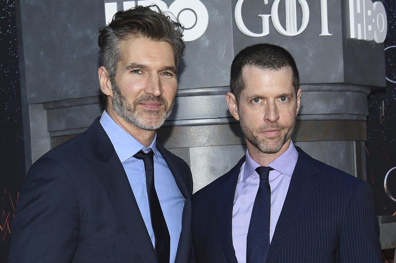 AP19134744894550 In this Wednesday, April 3, 2019, file photo, creator/executive producers David Benioff, left, and D. B. Weiss attend HBO's "Game of Thrones" final season premiere at Radio City Music Hall in New York. (Photo by Evan Agostini/Invision/AP, File)