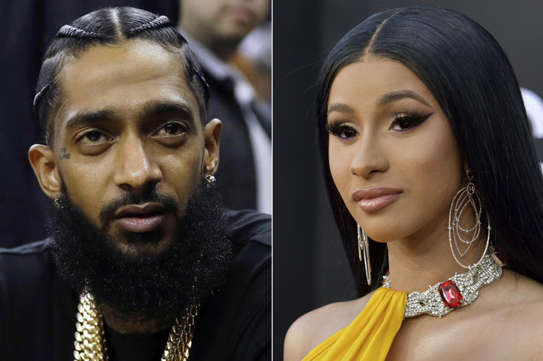 AP19136787766521 This combination of photos shows rapper Nipsey Hussle at an NBA basketball game between the Golden State Warriors and the Milwaukee Bucks in Oakland, California. (AP Photo)