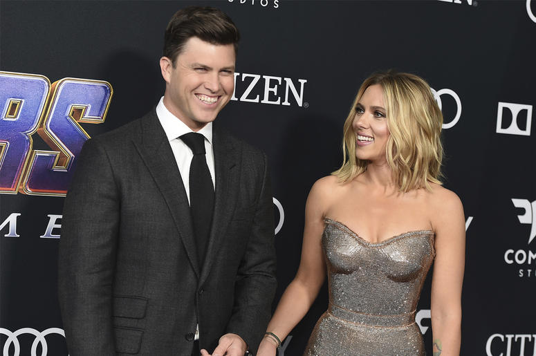 AP19139846947199 In this April 22, 2019, file photo, Colin Jost, left, and Scarlett Johansson arrive at the premiere of "Avengers: Endgame" at the Los Angeles Convention Center. (Photo by Jordan Strauss/Invision/AP, File)