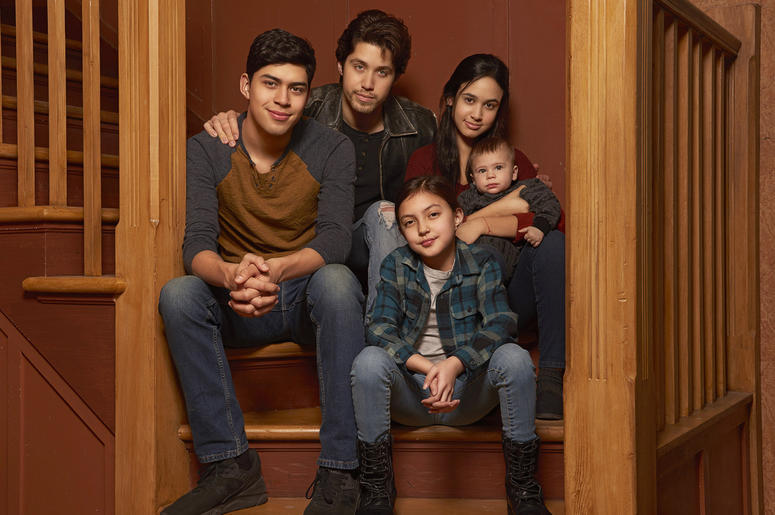 AP19141694134468 This image released by Freeform shows the cast of "Party of Five," Niko Guardado as Beto Buendia, left, Brandon Larracuente as Emilio Buendia, Elle Paris Legaspi as Valentina Buendia, foreground right, and Emily Tosta as Lucia Buendia.
