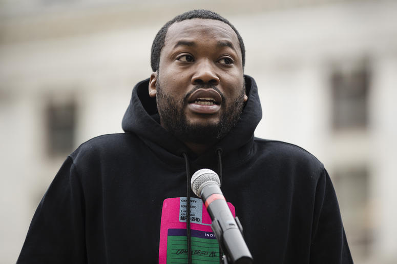 AP19142700315889 In this April 2, 2019, file photo, rapper Meek Mill speaks at a gathering in Philadelphia to push for drastic changes to Pennsylvania's probation system. (AP Photo/Matt Rourke, File)