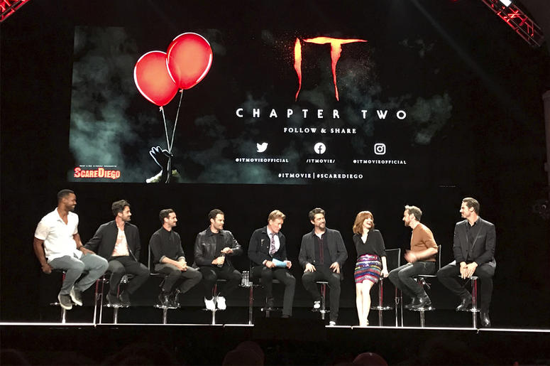 AP19199226900631 Casts of "It: Chapter Two" sit at a Comic-Con event Wednesday night, July 17, 2019 at the Spreckels Theater in San Diego, California. (AP Photo/Lindsey D. Bahr)