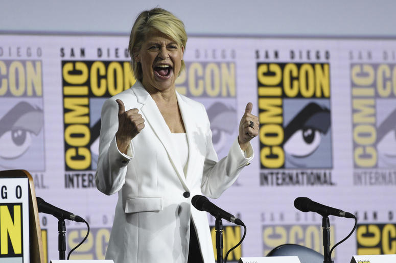 AP19199699209448 Linda Hamilton reacts to the audience as she walks on stage at the "Terminator: Dark Fate" panel on day one of Comic-Con International on Thursday, July 18, 2019, in San Diego. (Photo by Chris Pizzello/Invision/AP)