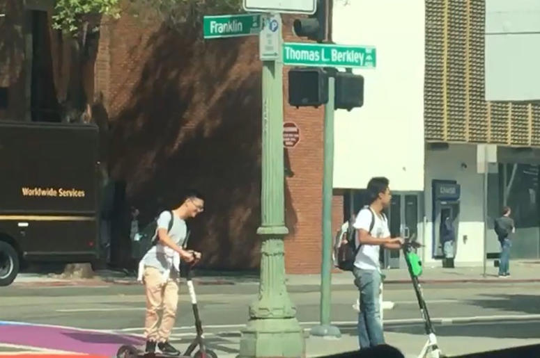 Motorized scooter riders in Oakland Scooter riders in Oakland (Photo credit: Holly Quan/KCBS Radio)