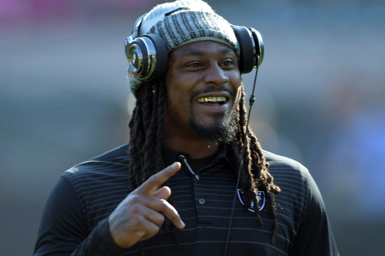 Oakland Raiders running back Marshawn Lynch Aug 31, 2017; Oakland, CA, USA; Oakland Raiders running back Marshawn Lynch reacts during a NFL football game against the Seattle Seahawks at Oakland-Alameda County Coliseum. Mandatory Credit: Kirby Lee-USA TODAY Sports