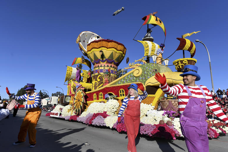 AP19001705777569 Trader Joe's company float, which won the Crown City Innovator Award, proceeds down the route during the 130th Rose Parade in Pasadena, Calif., Tuesday, Jan. 1, 2019. (AP Photo/Michael Owen Baker)