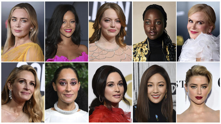 AP19044631110306 This combination of photos shows entertainers, from top left, Emily Blunt, Rihanna, Emma Stone, Lupita Nyong'o, Nicole Kidman, and bottom from left, Julia Roberts Tracee Ellis Ross, Kacey Musgraves, Constance Wu and Amber Heard, who were named Hollywood’s