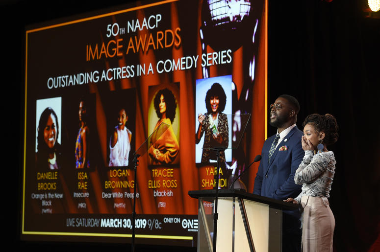 AP19044632723220 Logan Browning, right, reacts as Winston Duke announces her as a nominee for the 50th annual NAACP Image Awards during TV One's Winter Television Critics Association Press Tour on Wednesday, Feb. 13, 2019, in Pasadena, Calif. (Photo by Chris Pizzello/Invi
