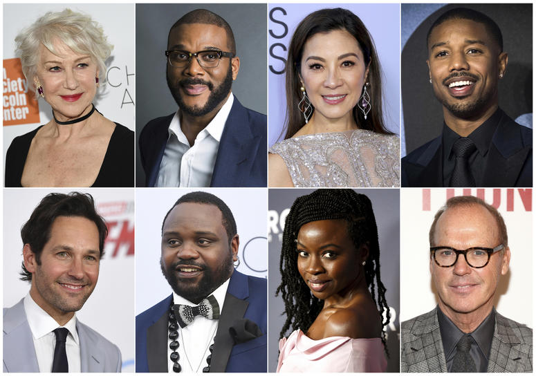 AP19050678331854 This combination photo shows, top row from left, Helen Mirren, Tyler Perry, Michelle Yeoh, Michael B. Jordan and bottom row from left, Paul Rudd, Brian Tyree Henry, Danai Gurira and Michael Keaton, who will serve as presenters at the 91st Annual Academy A