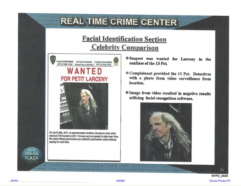 AP19136841478431 This undated image provided by Georgetown University's Center on Privacy and Technology shows presentation material with images of a wanted suspect in a New York Police Department document obtained by the university. (Georgetown University Center on Priva