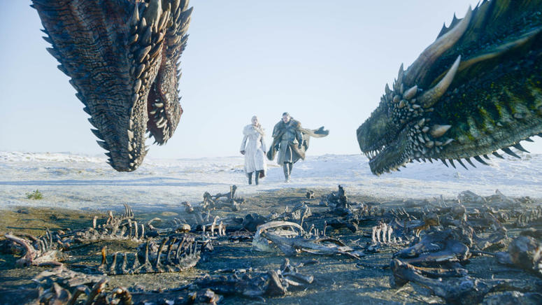 AP19196743938226 This image released by HBO shows Emilia Clarke, left, and Kit Harington in a scene from the final episode of "Game of Thrones." On Tuesday, July 16, 2019, the program was nominated for an Emmy Award for outstanding drama series. (HBO via AP)