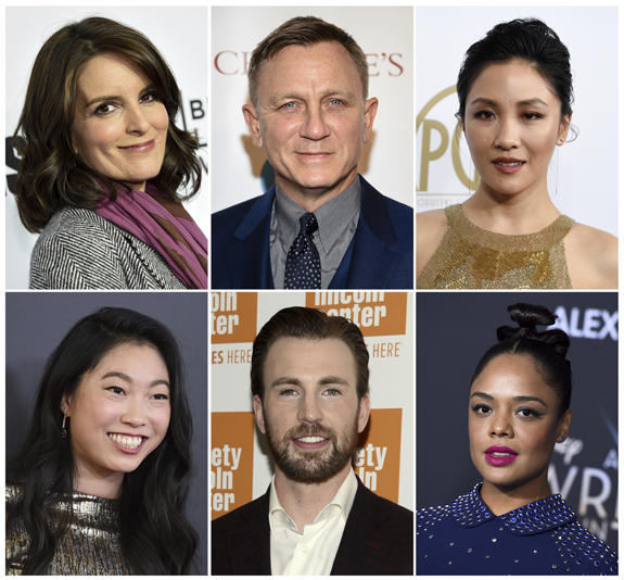 AP19035705524763 This combination photo shows, top row from left, Tina Fey, Daniel Craig, Constance Wu, and bottom row from left, Awkwafina, Chris Evans and Tessa Thompson, who will be presenters at the 91st Academy Awards on Feb. 24. (AP Photo)