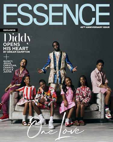 AP19113701339995 This cover image released by Essence shows Sean “Diddy” Combs, background center, posing with his children, from left, Quincy, 27, Jesse, 12, Christian, 21, Chance, 12, D’Lila, 12;, and Justin, 25, on the digital edition of the 49th anniversary issue of "