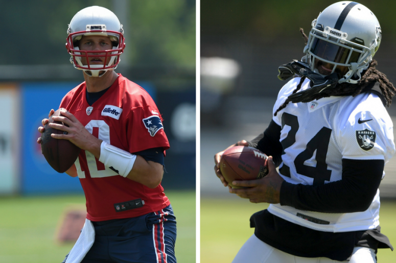 Tom Brady sets to throw a pass during minicamp at Gillette Stadium practice field / Marshawn Lynch (24) carries the ball during training camp at the Napa Valley Marriott. Tom Brady sets to throw a pass during minicamp at Gillette Stadium practice field / Marshawn Lynch (24) carries the ball during training camp at the Napa Valley Marriott.