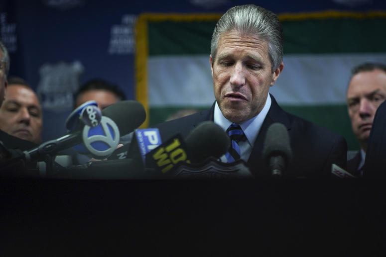 Pat Lynch, president of the NYC Police Benevolent Association, pauses while speaking during a press conference after the announcement of the termination of officer Daniel Pantaleo at PBA headquarters on August 19, 2019 in New York City