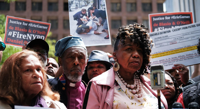 Gwen Carr, mother of Eric Garner, joins others during a news conference outside of Police Headquarters in Manhattan to protest during the police disciplinary hearing for Officer Daniel Pantaleo