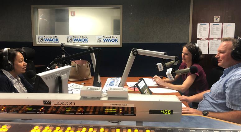 Mary Gill with Ben & Amanda Fowler of Views Media inside WAOK studios in Atlanta, GA 7/20/19 Mary Gill with Ben & Amanda Fowler of Views Media
