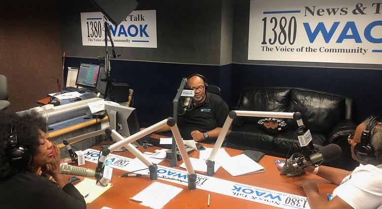 Derrick Boazman with Elisabeth Omilami, Cinnamon Baldwin inside WAOK Studio in Atlanta,GA 9/17/19 Derrick Boazman with Elisabeth Omilami, Cinnamon Baldwin