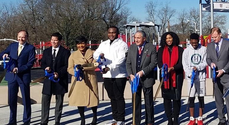 Participating in the ribbon cutting at John F. Kennedy Park (l-r) Brett Daniels, COO of the Atlanta Super Bowl Host Committee; Dan Corso, Host Committee Chairman; Atlanta Mayor Keisha Lance Bottoms; Atlanta Falcons Defensive Tackle Grady Jarrett; Atlanta Participating in the ribbon cutting at John F. Kennedy Park (l-r) Brett Daniels, COO of the Atlanta Super Bowl Host Committee; Dan Corso, Host Committee Chairman; Atlanta Mayor Keisha Lance Bottoms; Atlanta Falcons Defensive Tackle Grady Jarrett; Atlanta