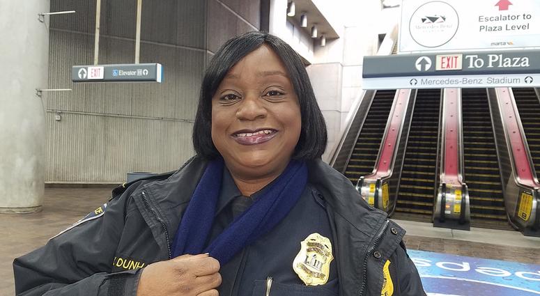 MARTA Chief Wanda Dunham proudly shows special Super Bowl LIII badge MARTA Chief Wanda Dunham proudly shows special Super Bowl LIII badge