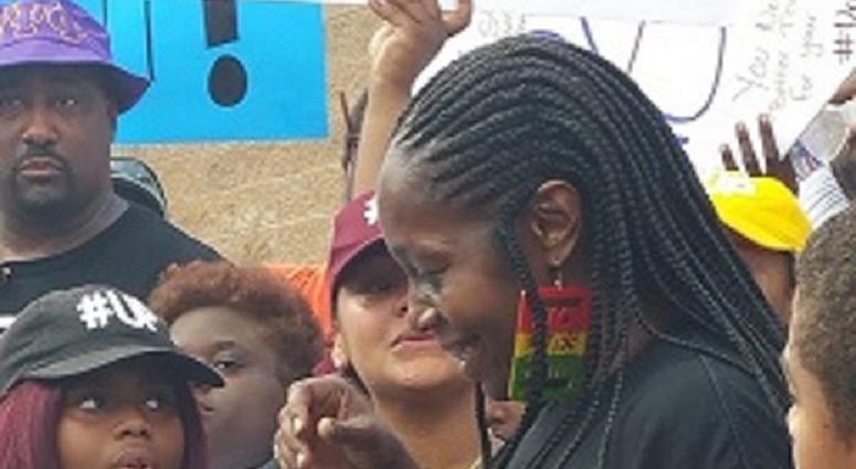 Black Lives Matter Atlanta leader Dawn O'Neal spoke to the hundreds gathered Saturday outside the Rockdale County jail